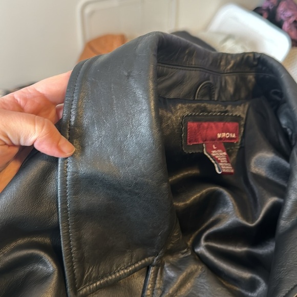Vintage Merona Genuine Leather Black Long Trench Button Up Collared Jacket SZ L - Picture 8 of 8